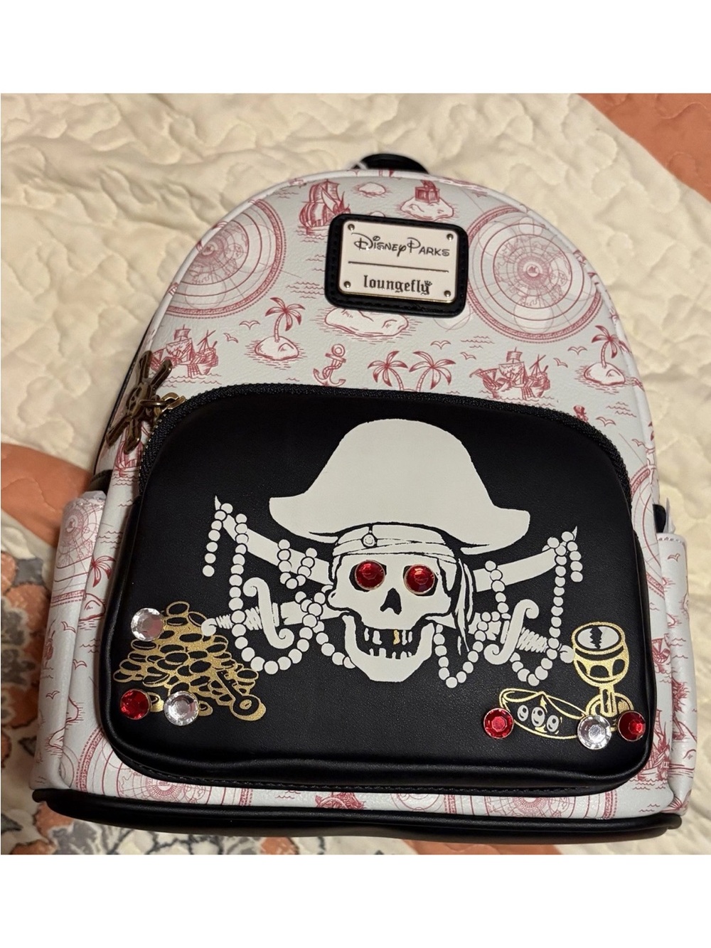 Loungefly Disney Parks Pirate Skull Backpack - White, Black, Red, Gold